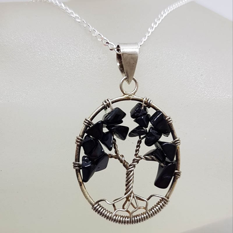 Sterling Silver Oval Onyx Tree of Life Pendant on Silver Chain