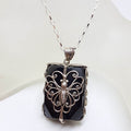 Sterling Silver Large Rectangular Black with Ornate Filigree Butterfly Pendant on Silver Chain
