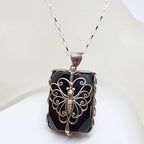 Sterling Silver Large Rectangular Black with Ornate Filigree Butterfly Pendant on Silver Chain