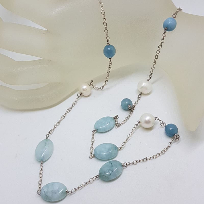 Long Pearl and Aquamarine Bead Necklace / Chain with Sterling Silver