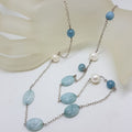 Long Pearl and Aquamarine Bead Necklace / Chain with Sterling Silver