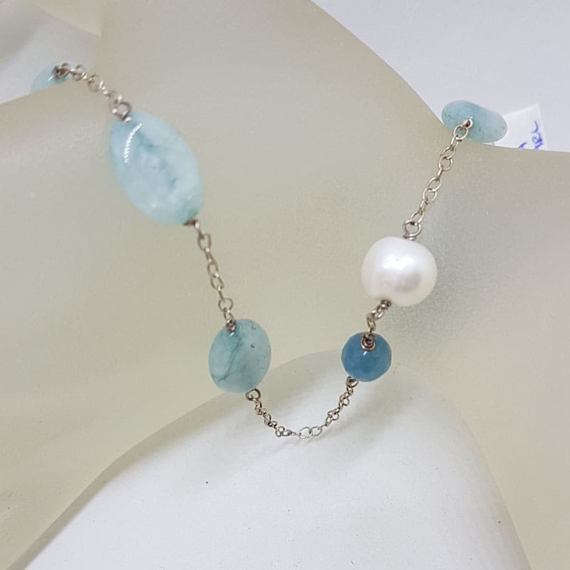 Long Pearl and Aquamarine Bead Necklace / Chain with Sterling Silver