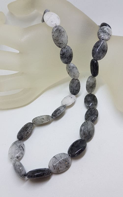 Tourmalinated Quartz Oval Bead Necklace / Chain with Sterling Silver Clasp - Tourmaline Quartz