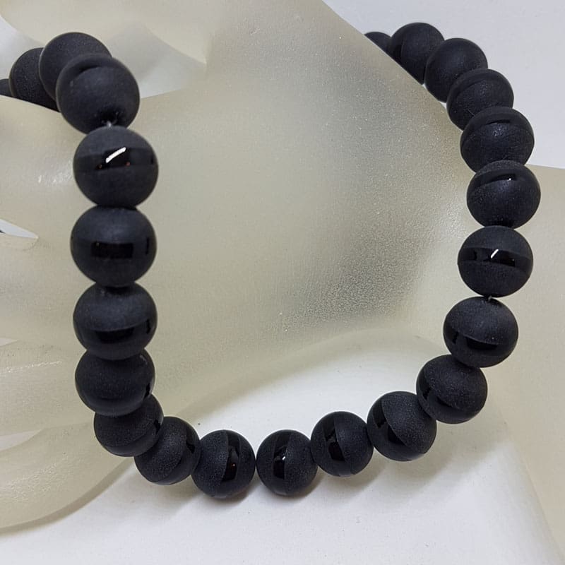 Black Onyx Thick Ball Matte and Shiny Bead Necklace / Chain with Sterling Silver Bolt Clasp