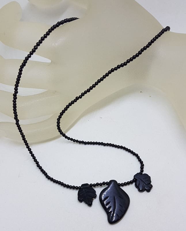 Black Carved Leaf Bead Necklace / Chain with Sterling Silver Clasp