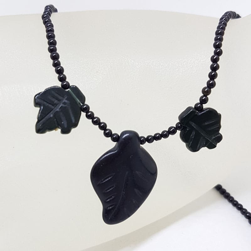 Black Carved Leaf Bead Necklace / Chain with Sterling Silver Clasp