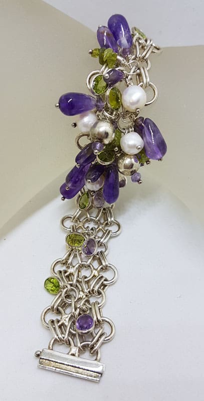 Sterling Silver Multi-Colour Gemstone Wide and Chunky Cluster Bracelet with Amethyst, Pearl and Peridot Bead Drops