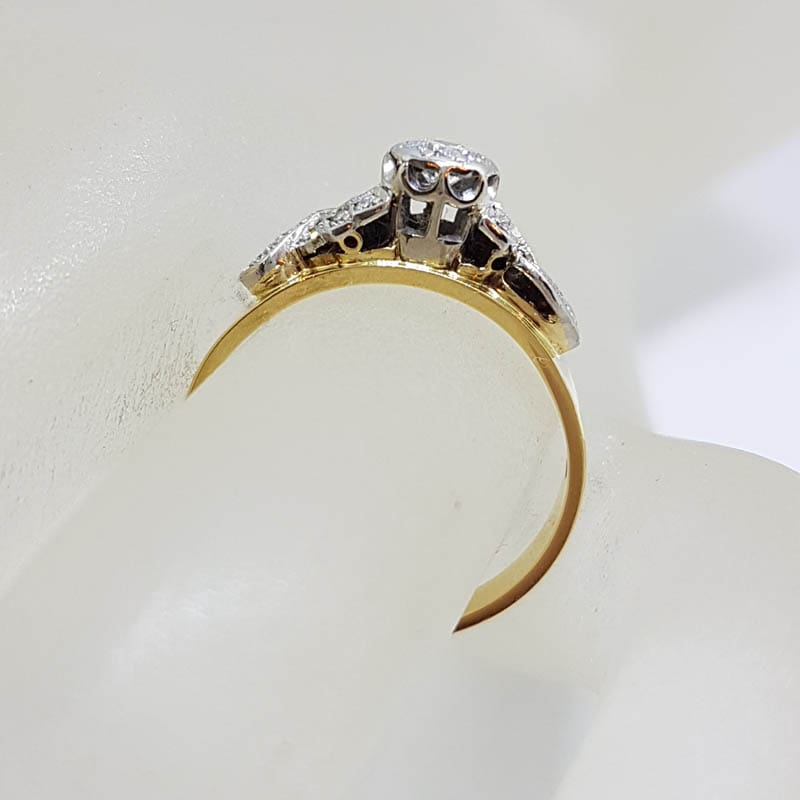 18ct Yellow Gold with Platinum Ornate Antique High Set Diamond Engagement Ring - Vintage / Antique