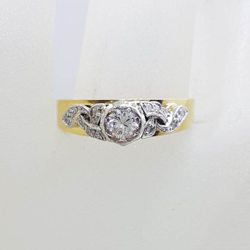 18ct Yellow Gold with Platinum Ornate Antique High Set Diamond Engagement Ring - Vintage / Antique