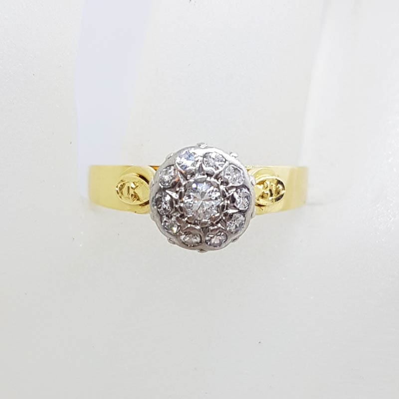 18ct Yellow Gold with Platinum Ornate Antique High Set Round Diamond Engagement Ring - Vintage / Antique