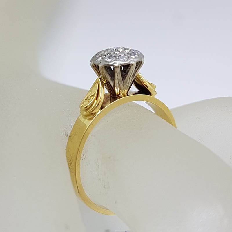 18ct Yellow Gold with Platinum Ornate Antique High Set Round Diamond Engagement Ring - Vintage / Antique