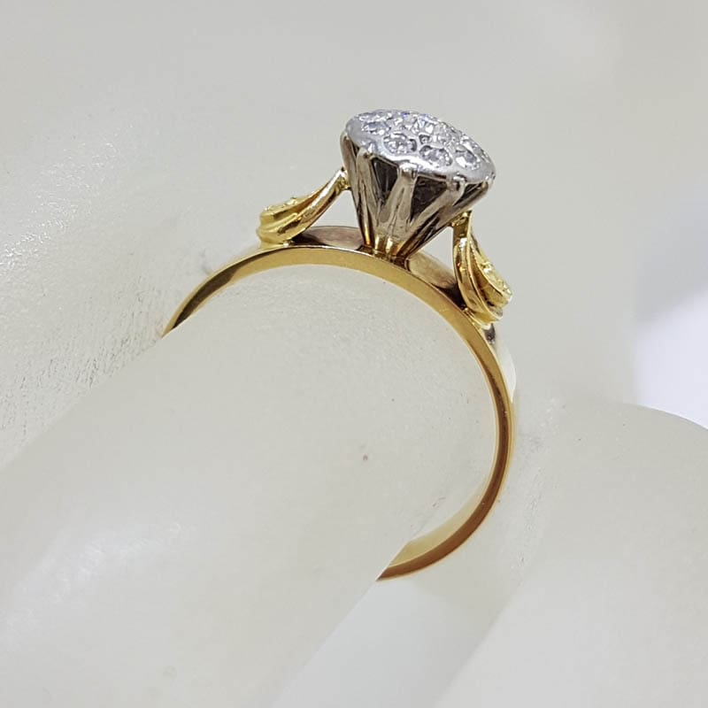 18ct Yellow Gold with Platinum Ornate Antique High Set Round Diamond Engagement Ring - Vintage / Antique