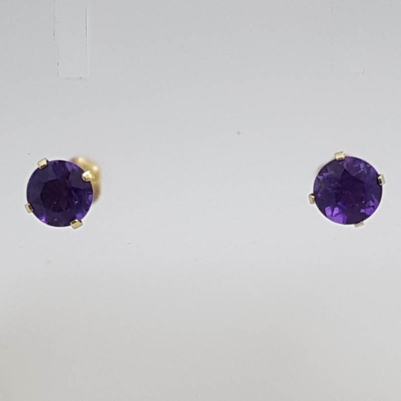 9ct Yellow Gold Amethyst Claw Set Round Studs / Earrings