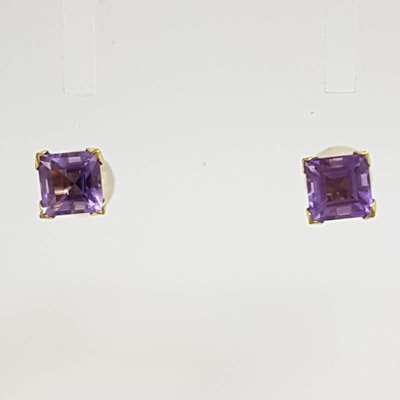 9ct Yellow Gold Amethyst Claw Set Square Studs / Earrings