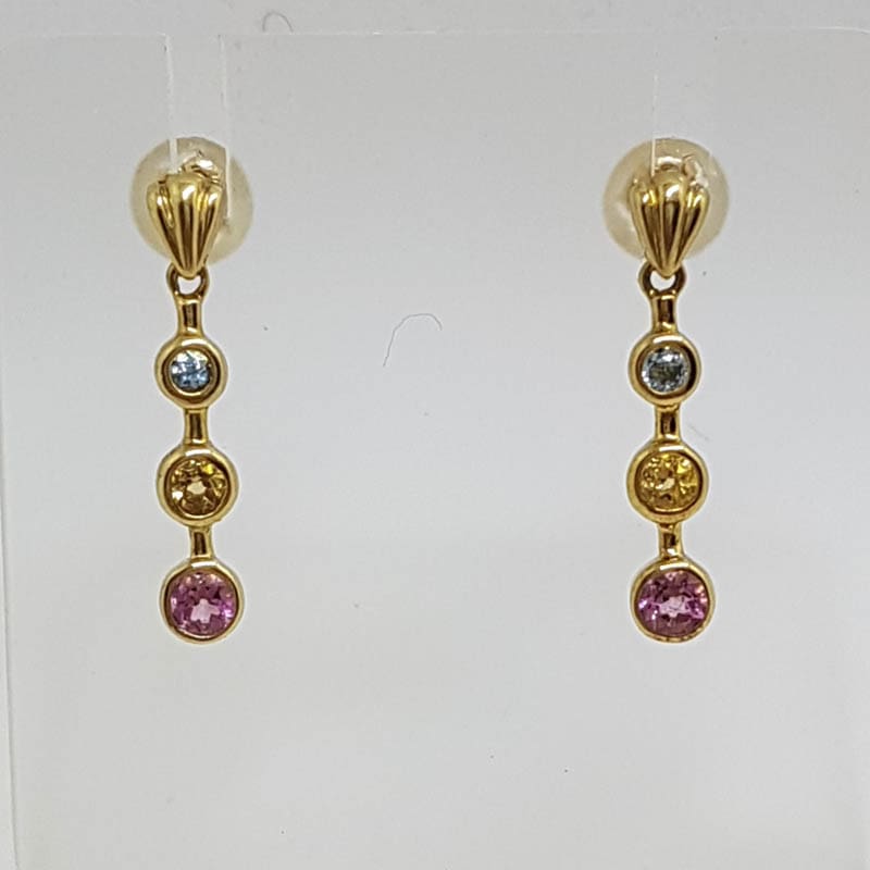 9ct Yellow Gold Blue Topaz with Citrine and Pink Tourmaline Line Drop Earrings