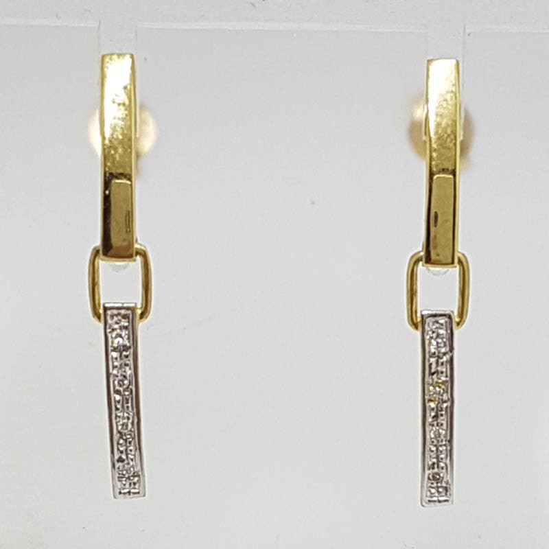 9ct Yellow Gold &amp; White Gold - Two Tone - Long Diamond Line Drop Studs Earrings
