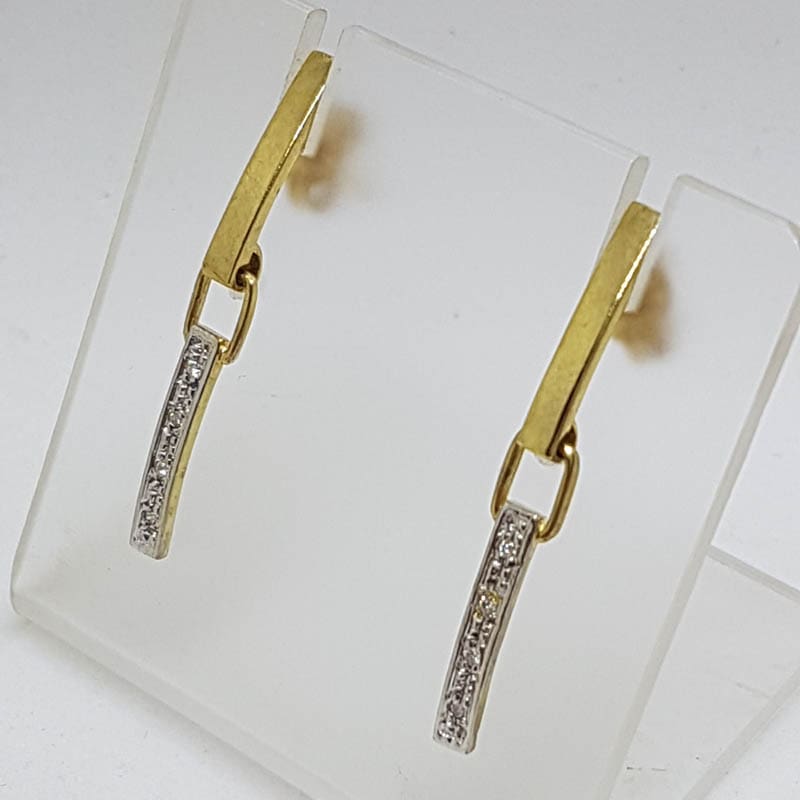 9ct Yellow Gold &amp; White Gold - Two Tone - Long Diamond Line Drop Studs Earrings