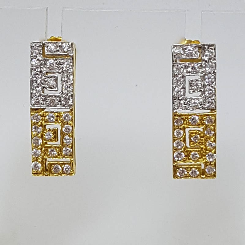 18ct Yellow Gold and White Gold - Two Tone - Greek Key Design Long Cubic Zirconia Studs / Earrings
