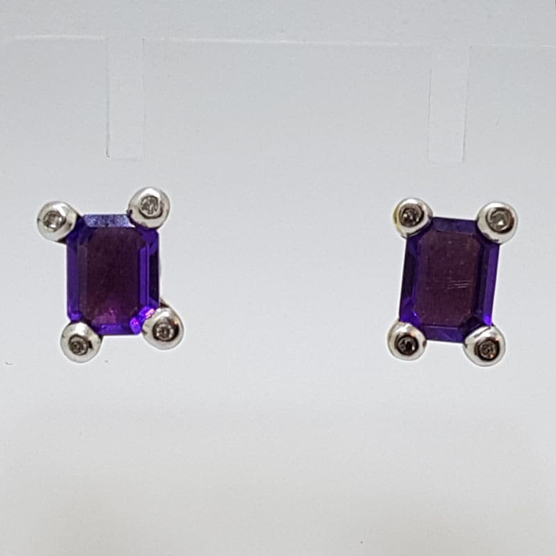 9ct Yellow Gold Amethyst and Diamond Studs / Earrings - Rectangle