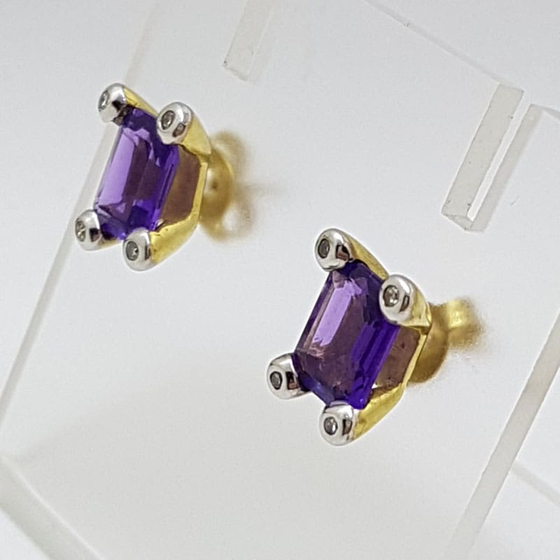 9ct Yellow Gold Amethyst and Diamond Studs / Earrings - Rectangle