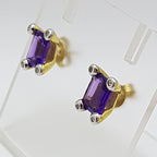 9ct Yellow Gold Amethyst and Diamond Studs / Earrings - Rectangle