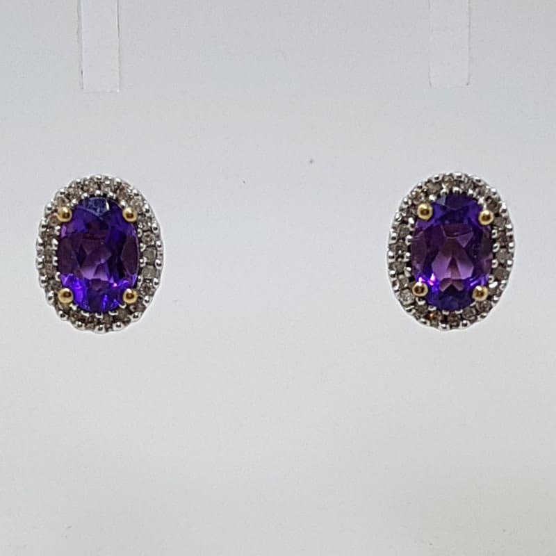 9ct Yellow Gold Amethyst and Diamond Oval Cluster Studs / Earrings