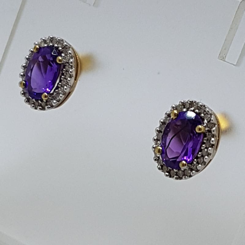 9ct Yellow Gold Amethyst and Diamond Oval Cluster Studs / Earrings
