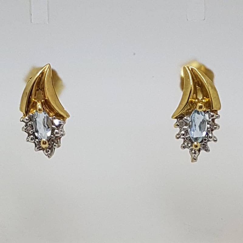 9ct Yellow Gold Aquamarine and Diamond Studs / Earrings