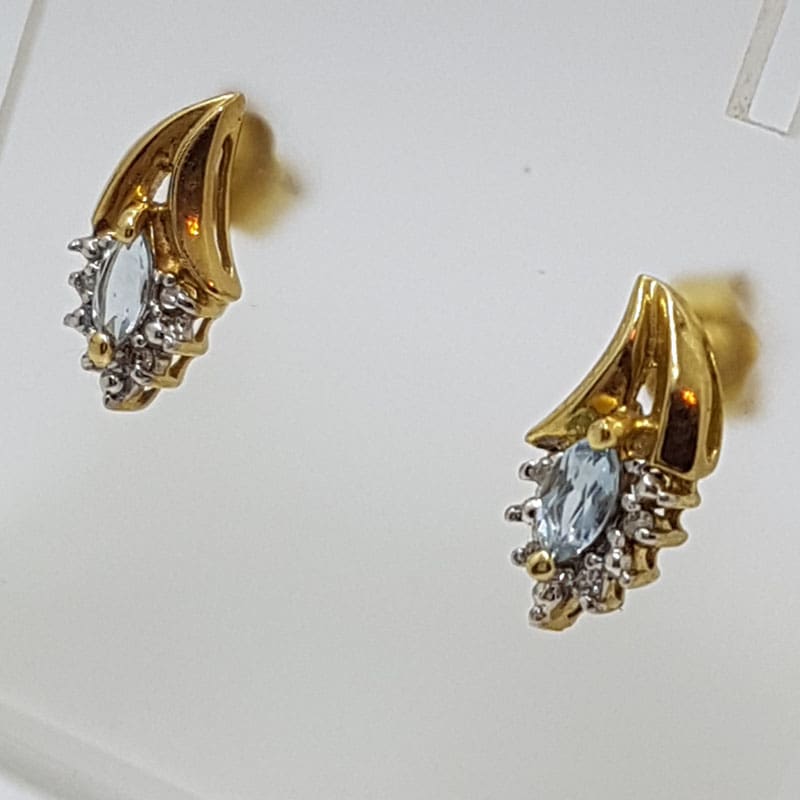 9ct Yellow Gold Aquamarine and Diamond Studs / Earrings
