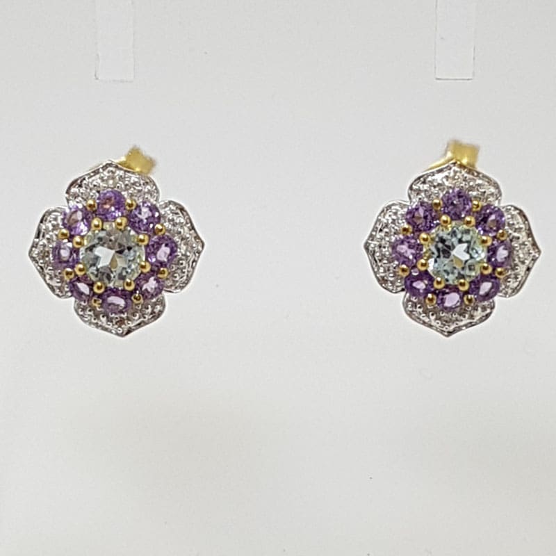9ct Yellow Gold Amethyst, Topaz and Diamond Cluster Studs / Earrings