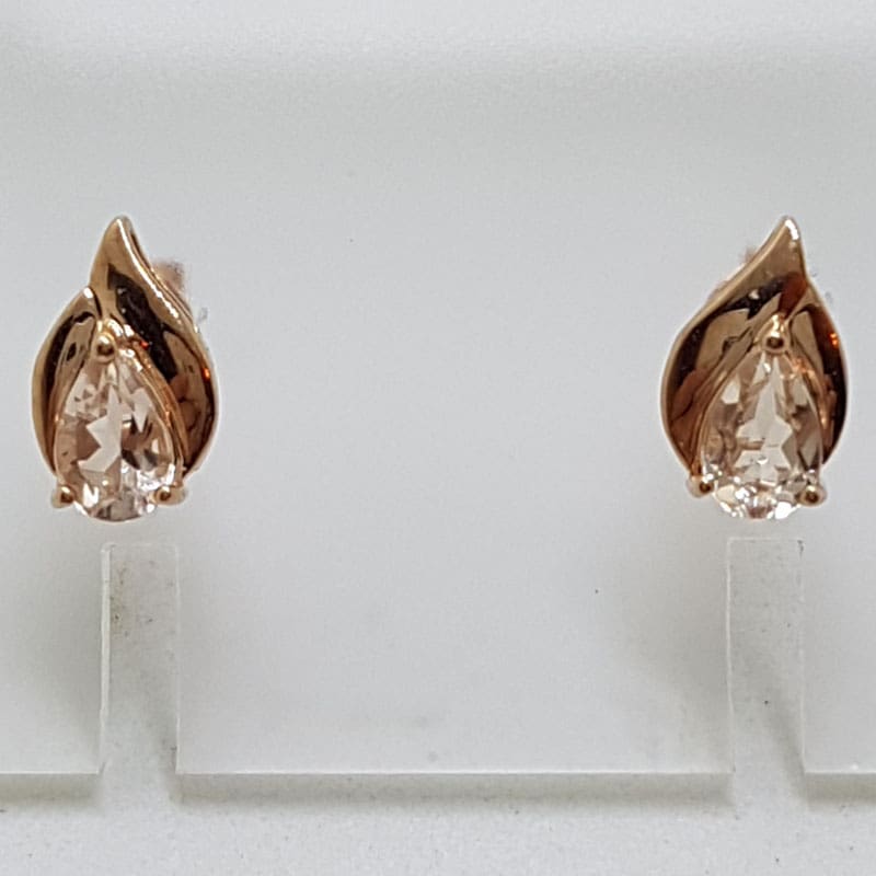 9ct Rose Gold Natural Morganite - Teardrop / Pear Shape - Studs / Earrings