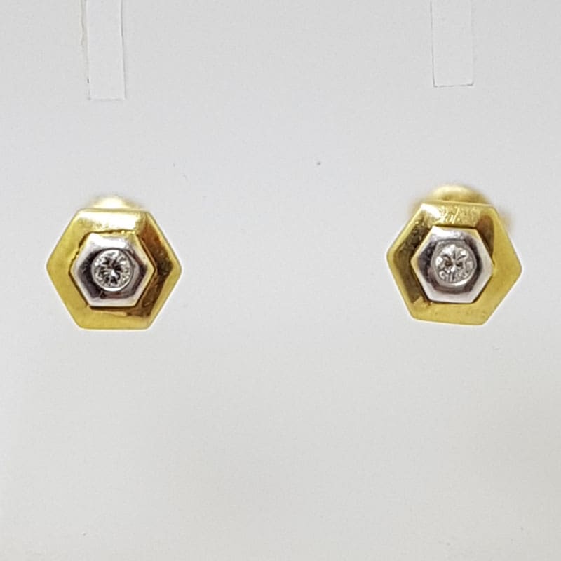 14ct Yellow Gold and White Gold Diamond Hexagonal Studs / Earrings