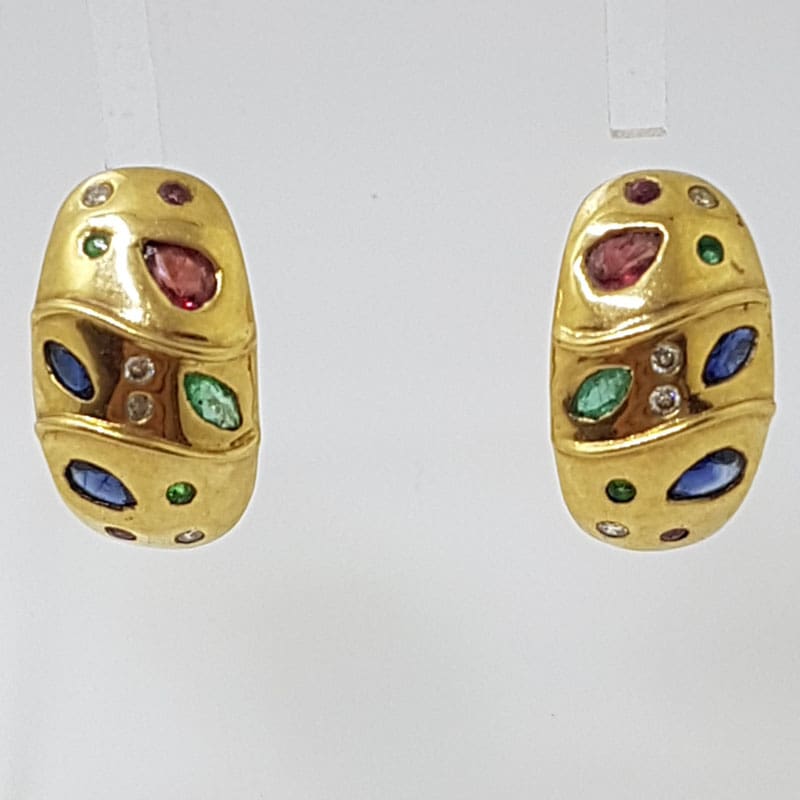 9ct Yellow Gold Ruby, Emerald, Sapphire &amp; Diamond Studs / Earrings