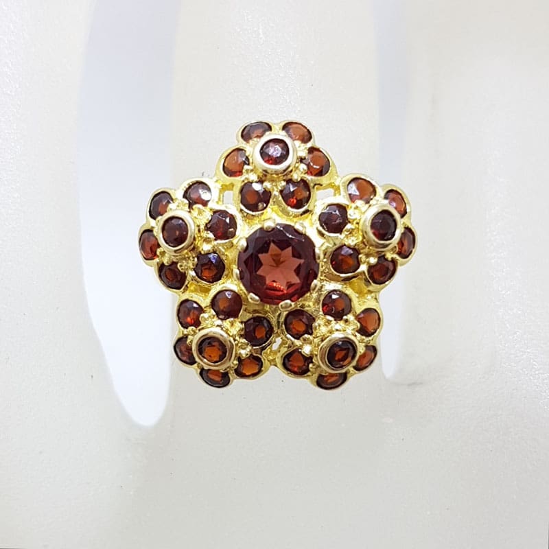 9ct Yellow Gold Garnet Large Exquisite Flower Cluster Ring