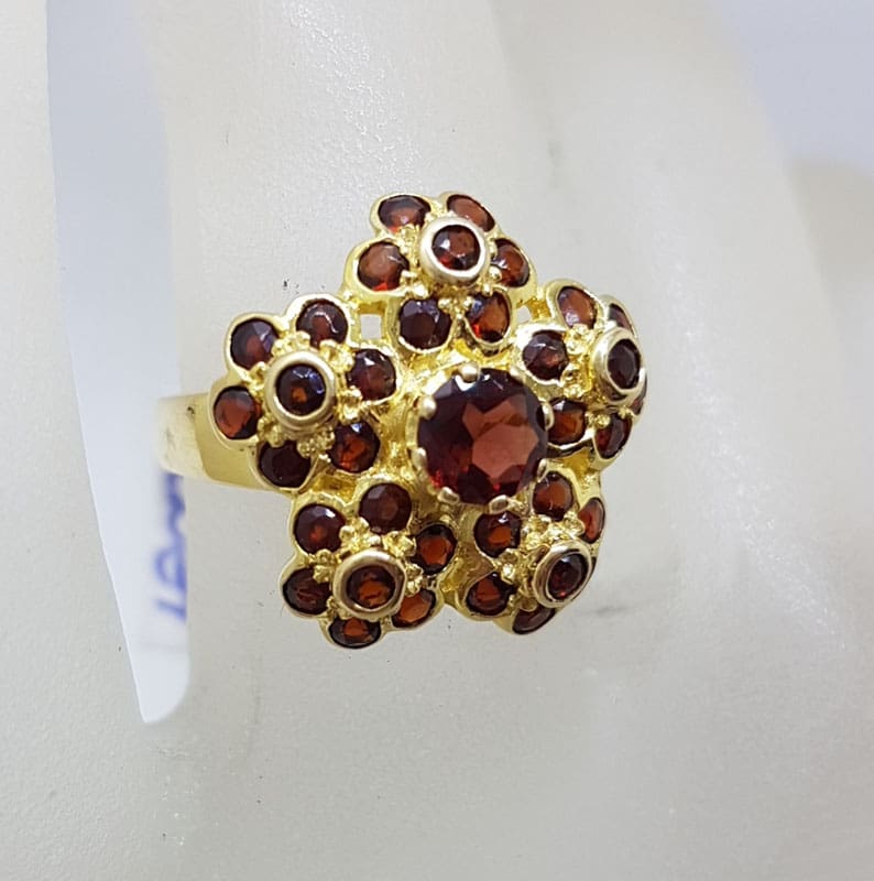 9ct Yellow Gold Garnet Large Exquisite Flower Cluster Ring
