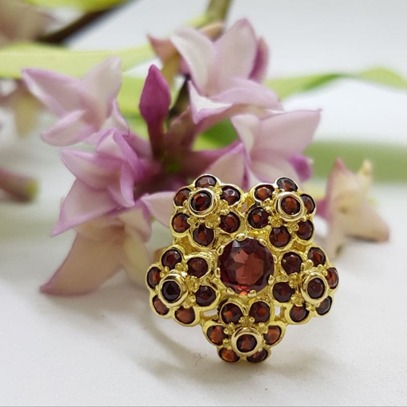 9ct Yellow Gold Garnet Large Exquisite Flower Cluster Ring