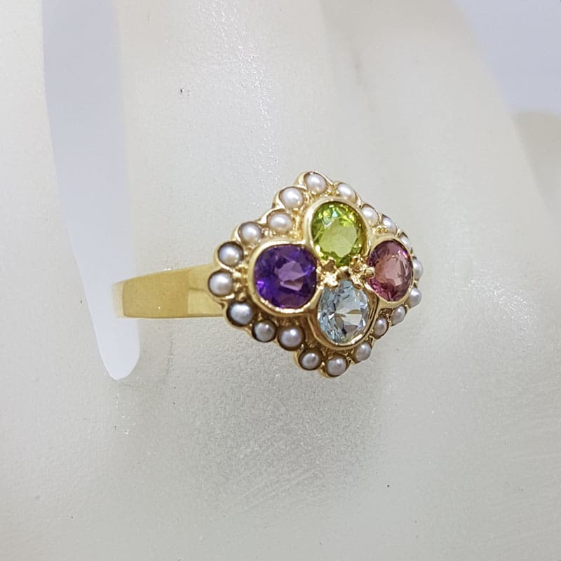 9ct Yellow Gold Multi-Coloured Gemstone Ring - Pink Tourmaline, Topaz, Peridot, Amethyst and Seed Pearl