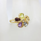9ct Yellow Gold Peridot, Citrine, Topaz, Amethyst, Garnet &amp; Diamond Flower Cluster Ring - Starfish