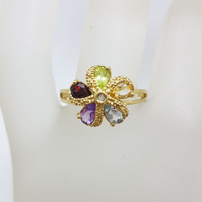 9ct Yellow Gold Peridot, Citrine, Topaz, Amethyst, Garnet &amp; Diamond Flower Cluster Ring - Starfish