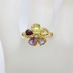 9ct Yellow Gold Peridot, Citrine, Topaz, Amethyst, Garnet &amp; Diamond Flower Cluster Ring - Starfish