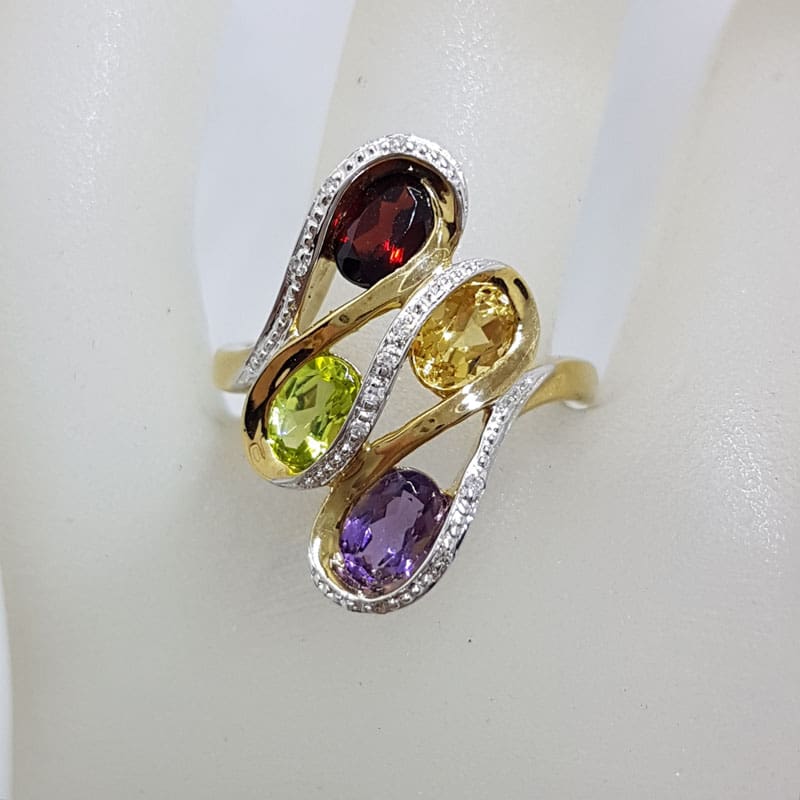 9ct Yellow Gold Amethyst, Peridot, Citrine and Garnet with Diamonds Ring - Large Swirl