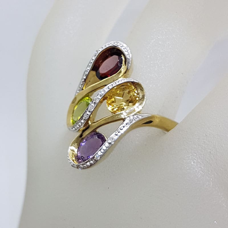 9ct Yellow Gold Amethyst, Peridot, Citrine and Garnet with Diamonds Ring - Large Swirl