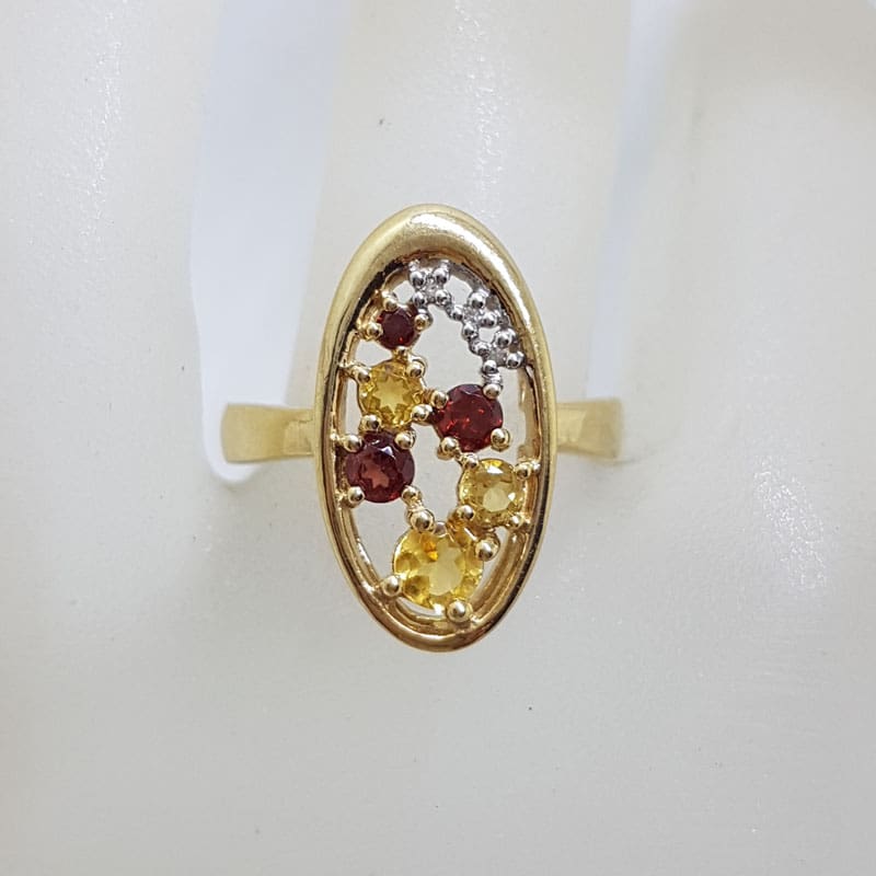 9ct Yellow Gold Garnet, Citrine and Diamond Oval Cluster Ring