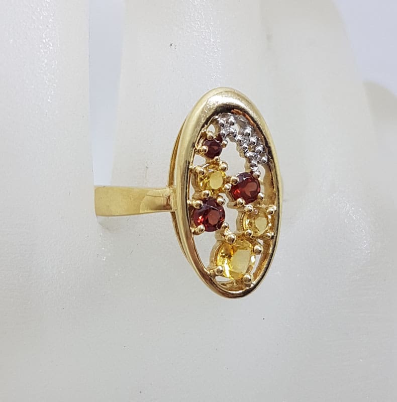 9ct Yellow Gold Garnet, Citrine and Diamond Oval Cluster Ring