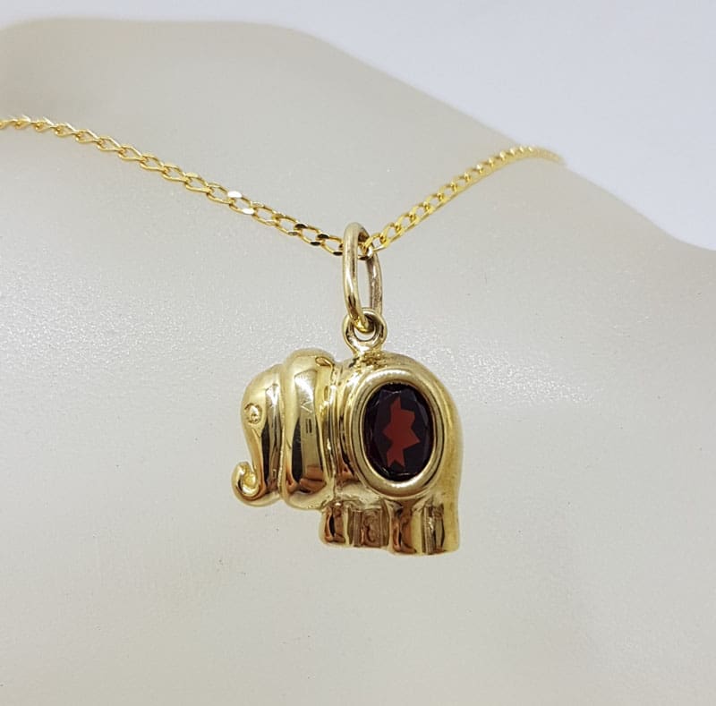 9ct Yellow Gold Garnet Elephant Pendant on Gold Chain