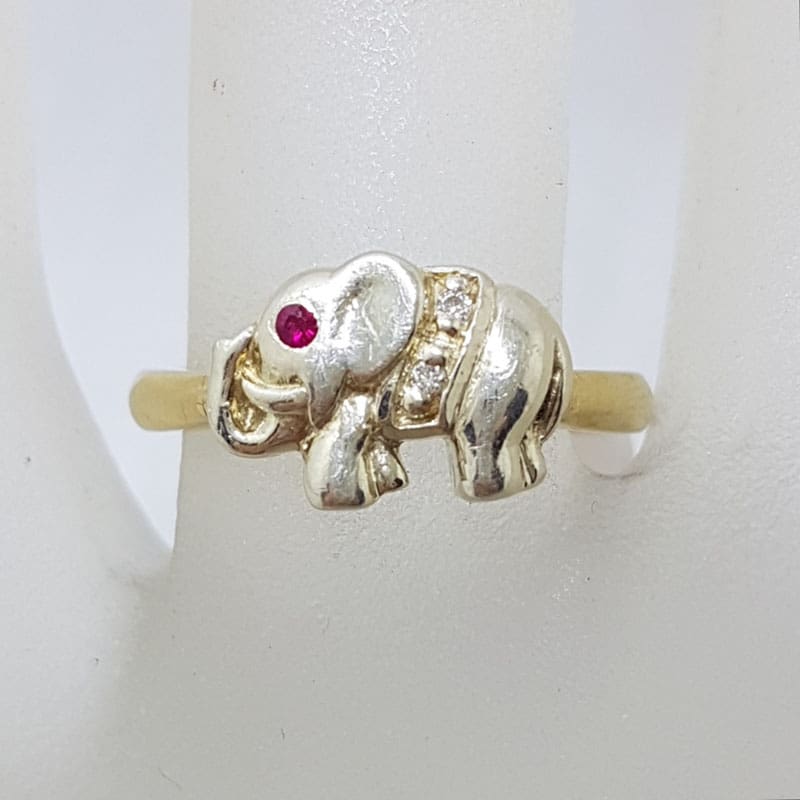 9ct Yellow &amp; White Gold Natural Ruby &amp; Diamond Elephant Ring