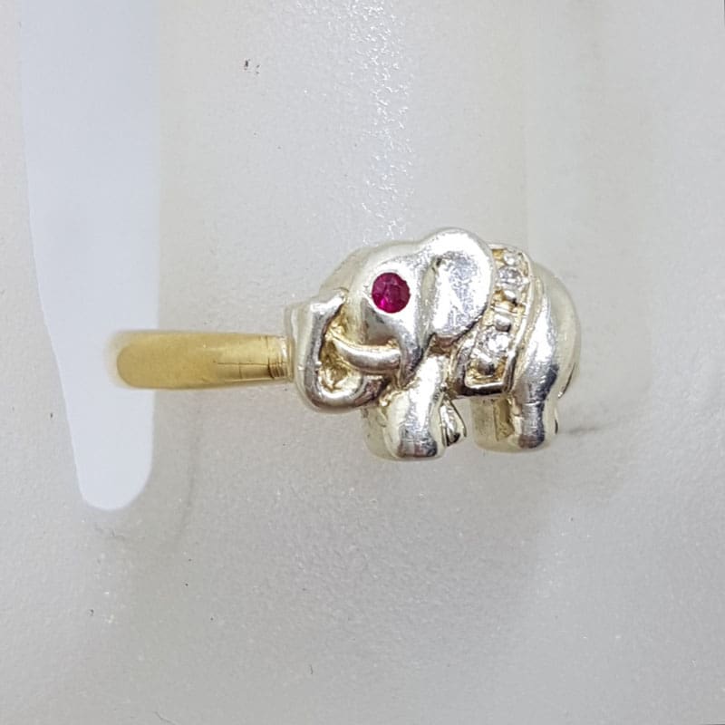 9ct Yellow &amp; White Gold Natural Ruby &amp; Diamond Elephant Ring