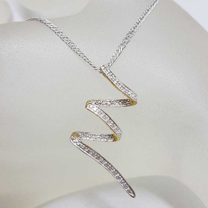 9ct White Gold Long Diamond Zig Zag / Lightning Bolt Pendant on Gold Chain