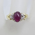 18ct Yellow Gold Oval Cabochon Cut Garnet with Diamond Ring - Antique / Vintage