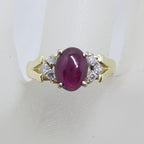 18ct Yellow Gold Oval Cabochon Cut Garnet with Diamond Ring - Antique / Vintage